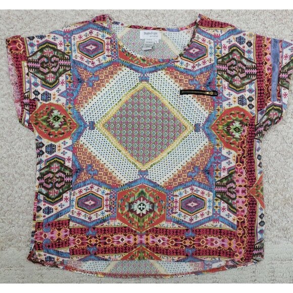 Papillon Boho Top Womens Large Aztec Ethnic Scarf Print Short Sleeve Raindrop - Picture 6 of 9